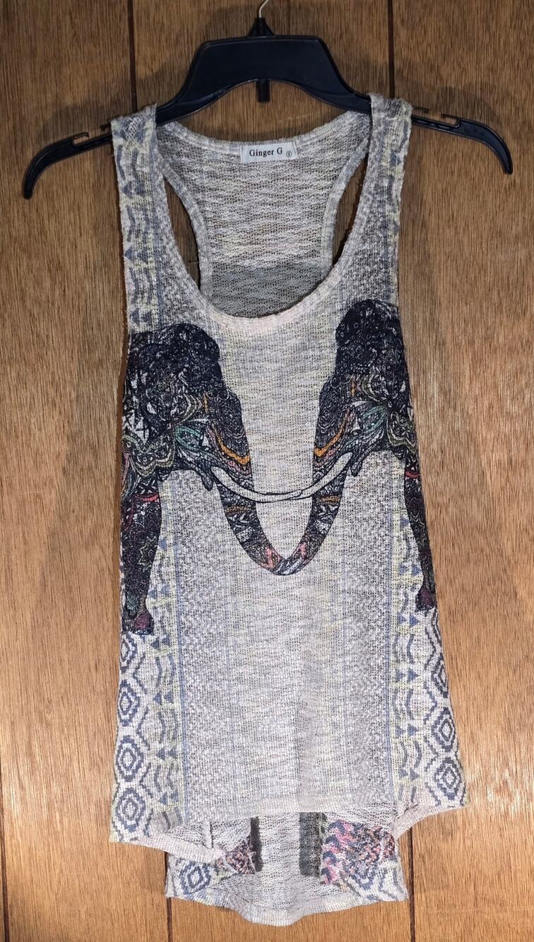 Ginger G Women's Small Elephant Graphic Tank Top Boho Racerback Multicolor